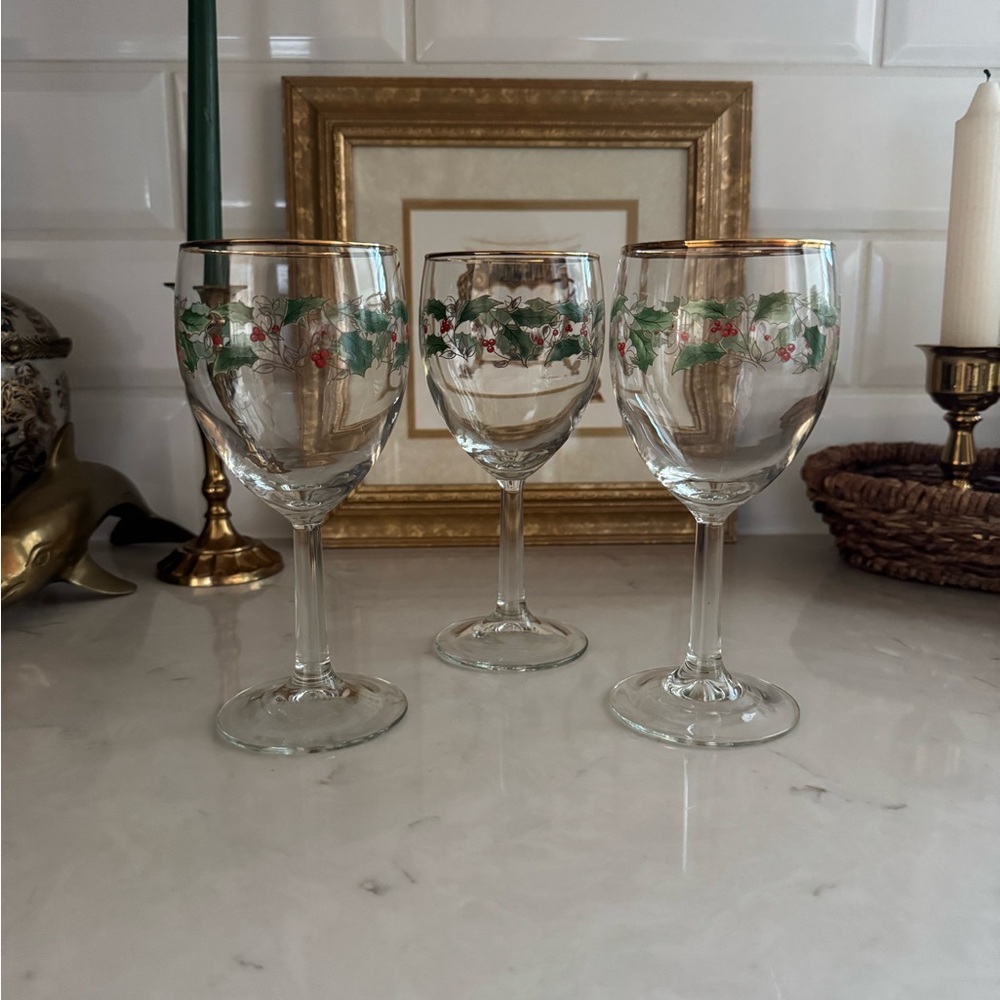 Lenox Holiday Dimension 10 Oz Goblets/Wine Glasses Thick Gold Bands Set of 3